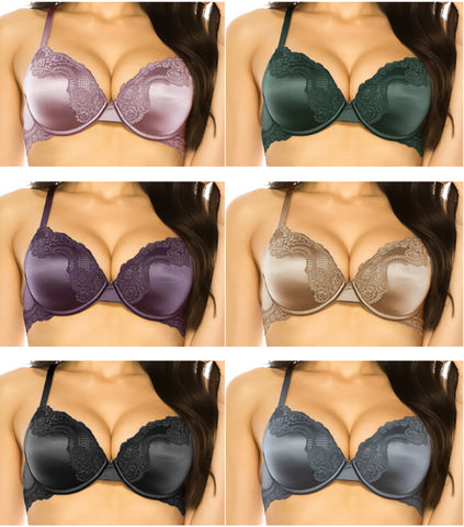 Satin Lace detail Bras with 3 hooks Push up Sexy